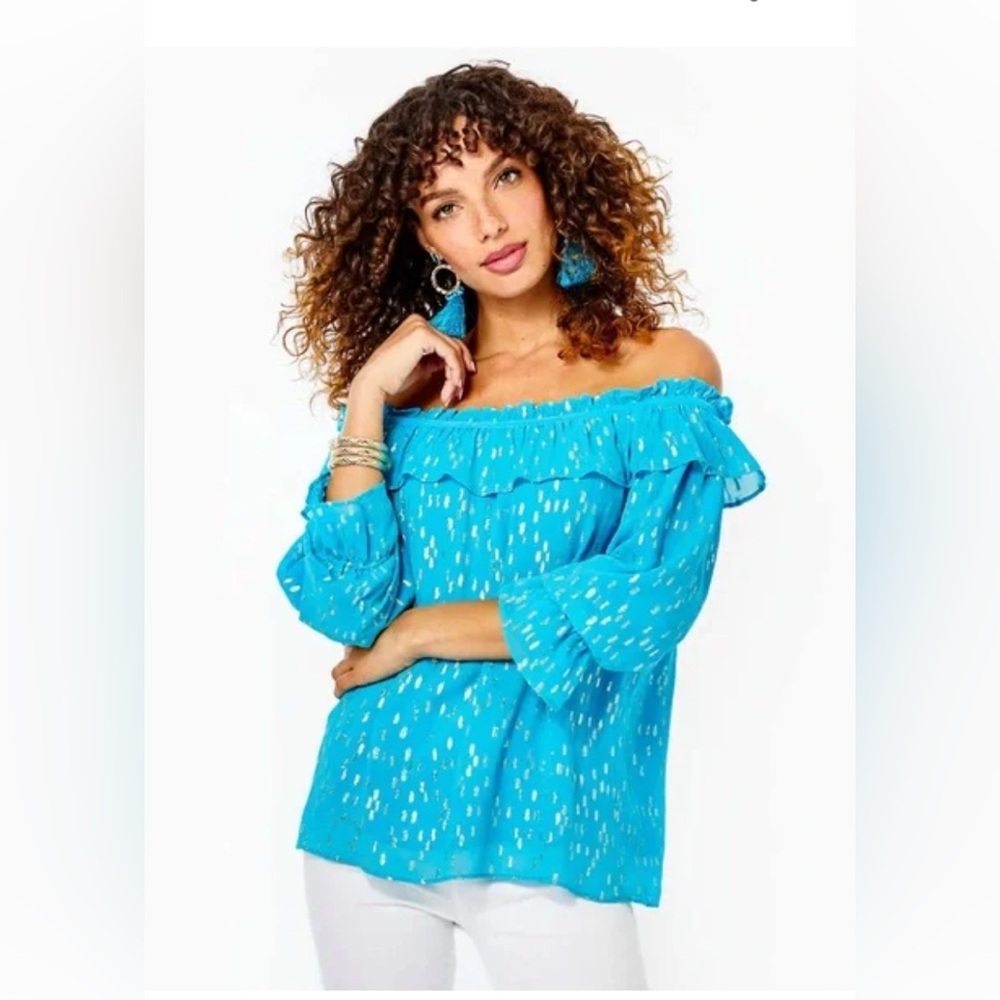 Lilly Pulitzer Ceecee Off-Shoulder Top in Turquoise Oasis Women’s Size S